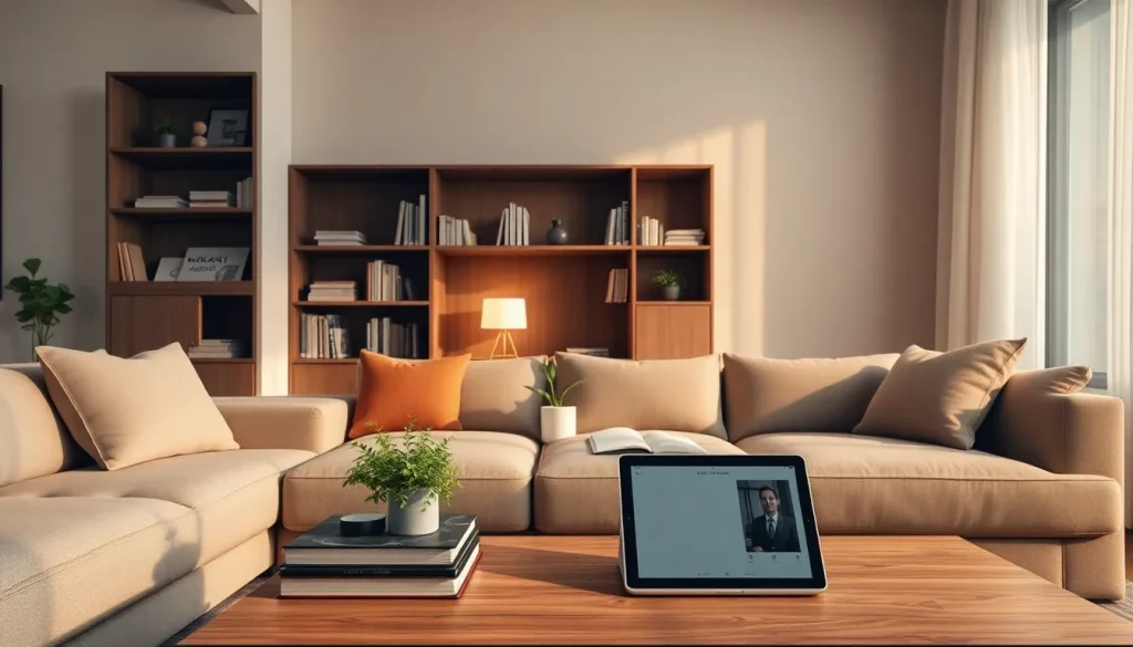 Smart-Home-Geräte dekorativ in ein modernes Wohnregal integriert