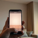 Smartphone steuert per App die gedimmte Beleuchtung in einem modernen Wohnzimmer.