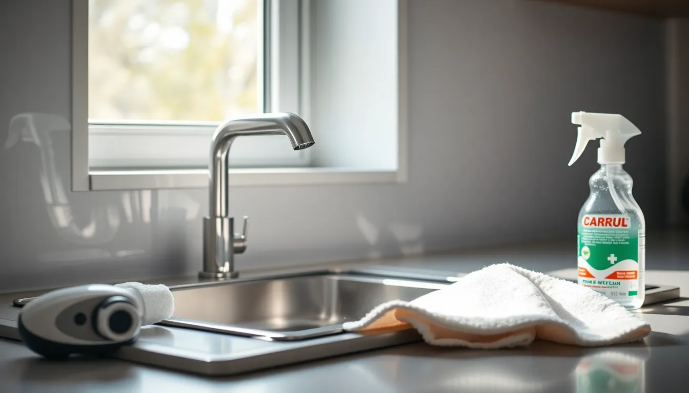 Desinfektion in der Küche: Sprühflasche und Tuch neben einer sauberen Spüle