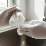 Hände reinigen und desinfizieren eine Edelstahlspüle in der Küche