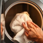 Energiesparende Nutzung eines Wäschetrockners: Hand entnimmt trockene Wäsche