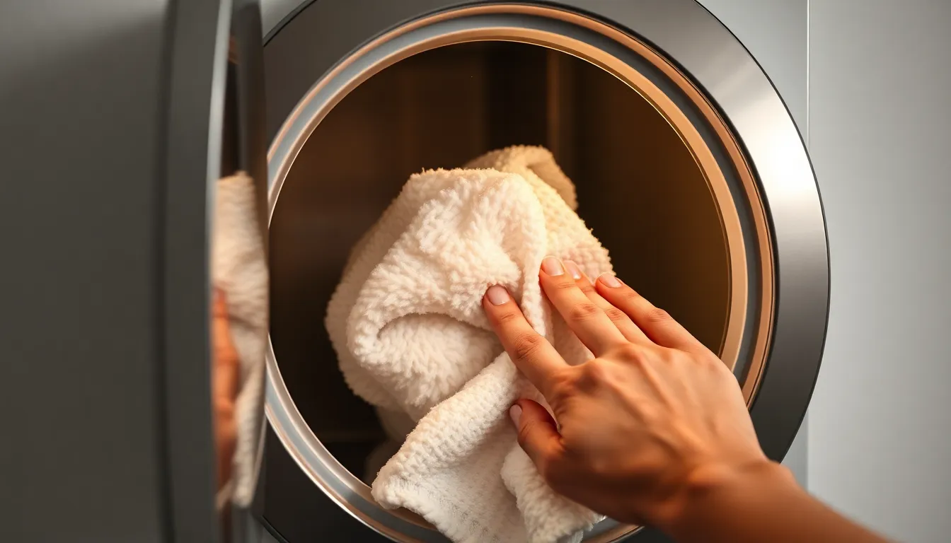 Energiesparende Nutzung eines Wäschetrockners: Hand entnimmt trockene Wäsche