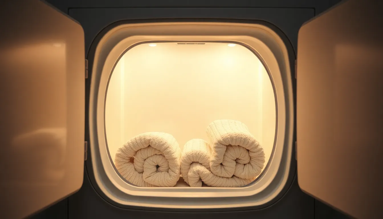 Energiesparende Nutzung eines Wäschetrockners: Warme Wäsche wird entnommen.