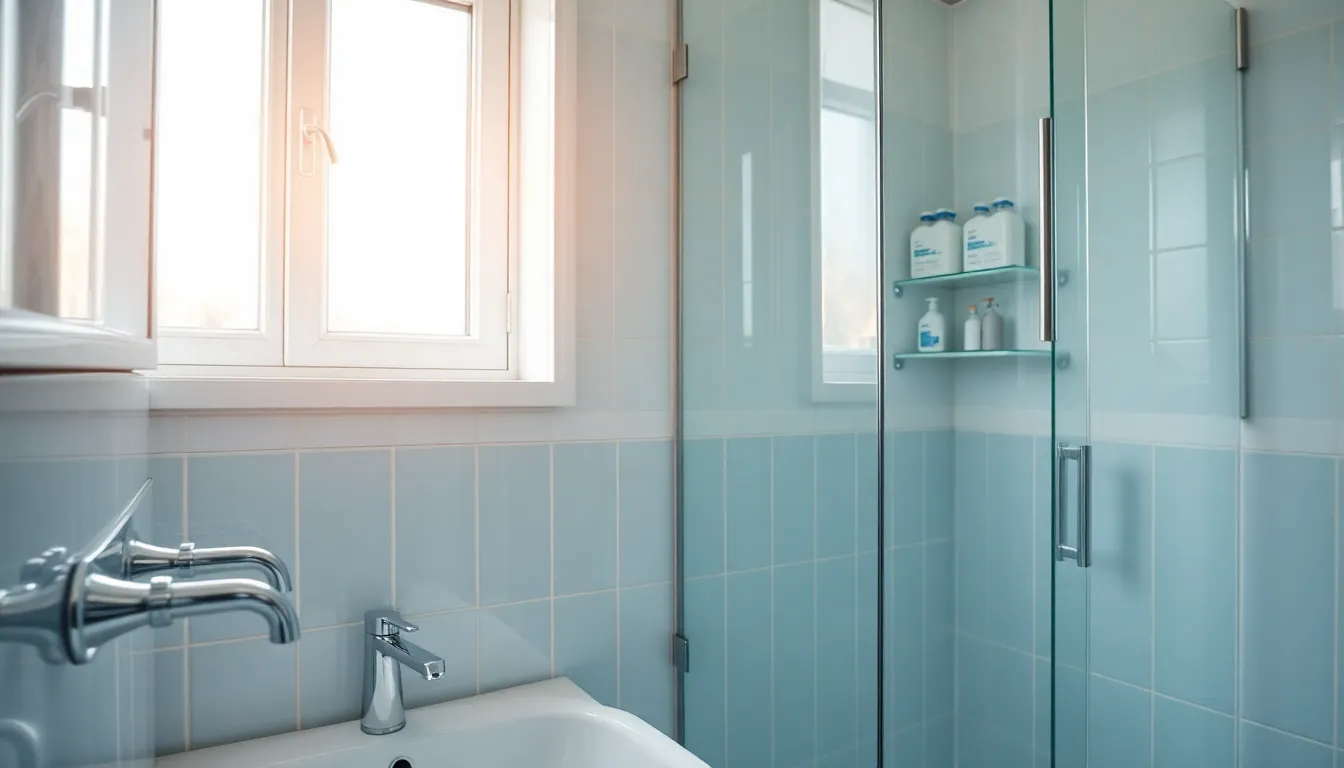 Sauberes Badezimmer mit Reinigungsutensilien