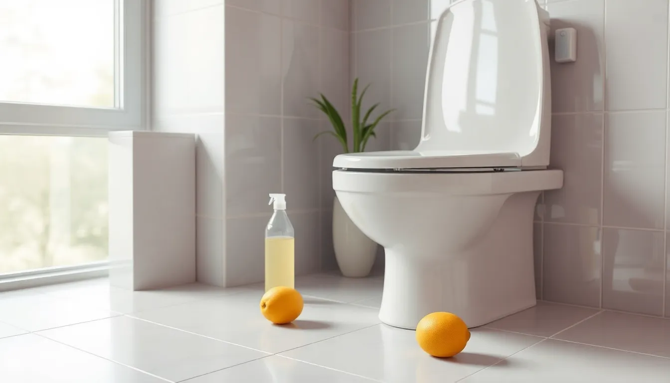 Saubere WC-Keramik mit Hausmitteln Essig und Zitrone zur Reinigung.