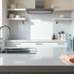 Saubere und aufgeräumte Küche mit Reinigungsutensilien im Vordergrund.