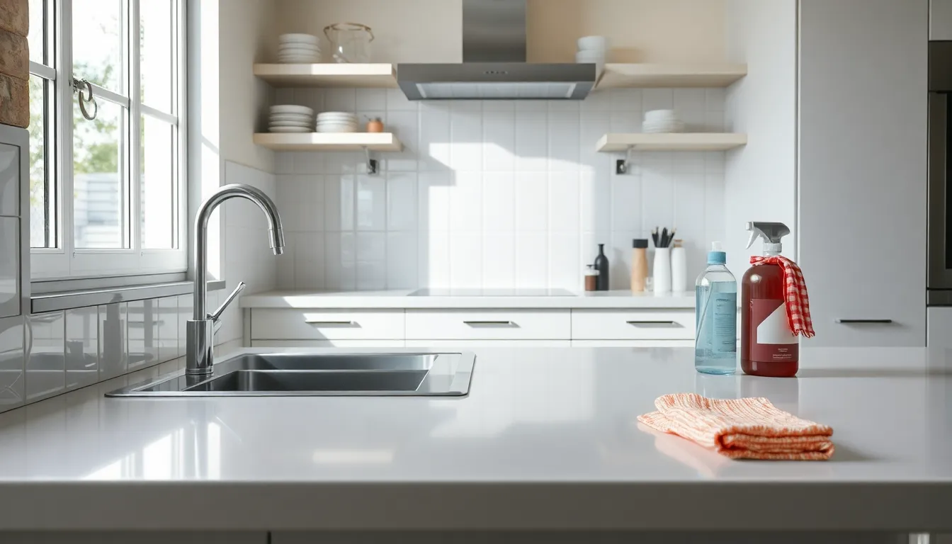 Saubere und aufgeräumte Küche mit Reinigungsutensilien im Vordergrund.