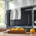 Geöffnete Mikrowelle mit Reinigungsutensilien daneben in einer sauberen Küche