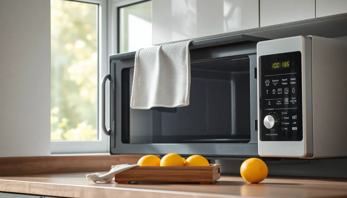 Geöffnete Mikrowelle mit Reinigungsutensilien daneben in einer sauberen Küche