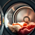 Moderne Waschmaschine mit gefüllter Trommel und sichtbarem Energielabel A+++