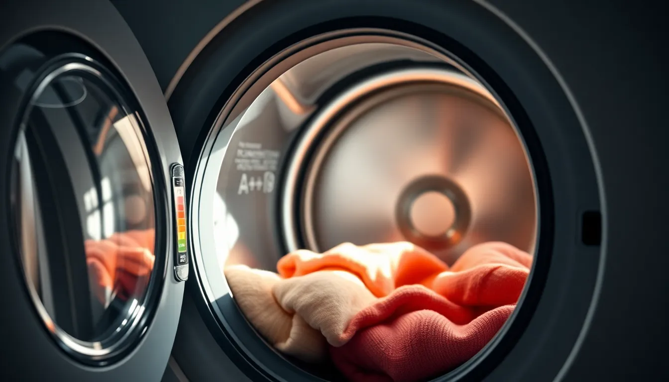 Moderne Waschmaschine mit gefüllter Trommel und sichtbarem Energielabel A+++