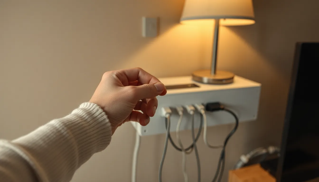 Person schaltet Steckerleiste mit Haushaltsgeräten ein, um Standby-Kosten zu vermeiden.