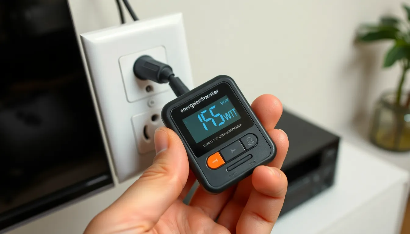 Energiekostenmessgerät misst Standby-Verbrauch einer Unterhaltungselektronik-Steckdosenleiste
