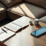 Planung des Smart Home Einstiegs mit Notizbuch, smarten Geräten und Smartphone auf einem Tisch