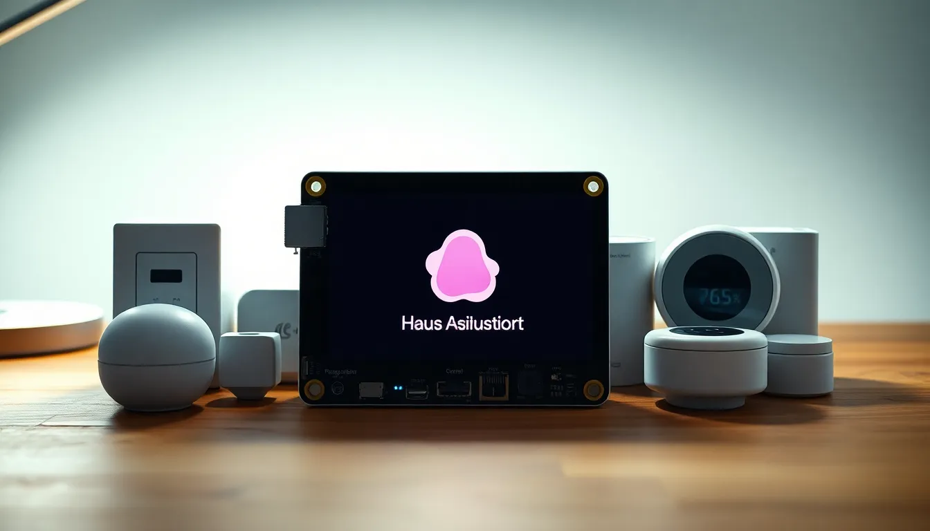 Home Assistant Zentrale mit Raspberry Pi und vernetzten Smart-Home-Geräten auf einem Tisch.