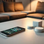 Smart Home Einrichtung: Smartphone, Hub, Steckdose und Sensor auf einem Couchtisch arrangiert.