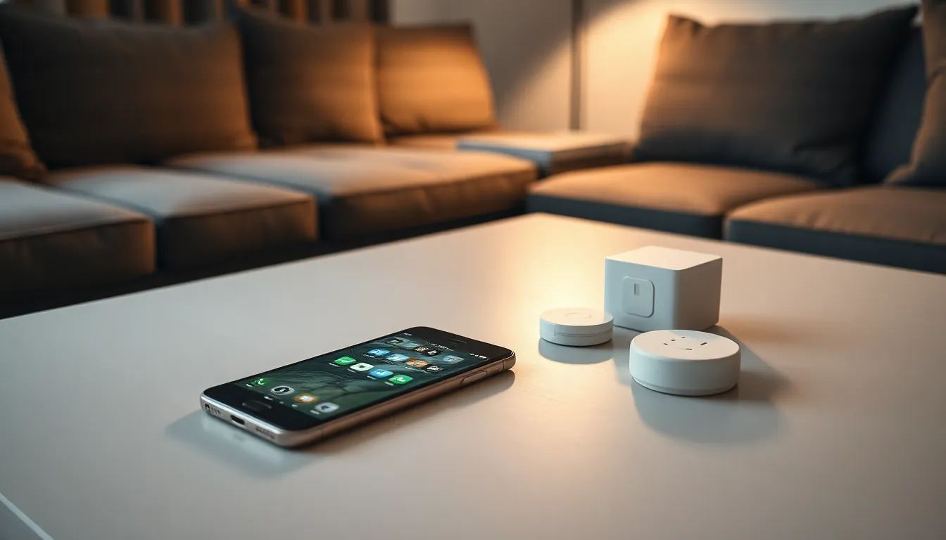 Smart Home Einrichtung: Smartphone, Hub, Steckdose und Sensor auf einem Couchtisch arrangiert.