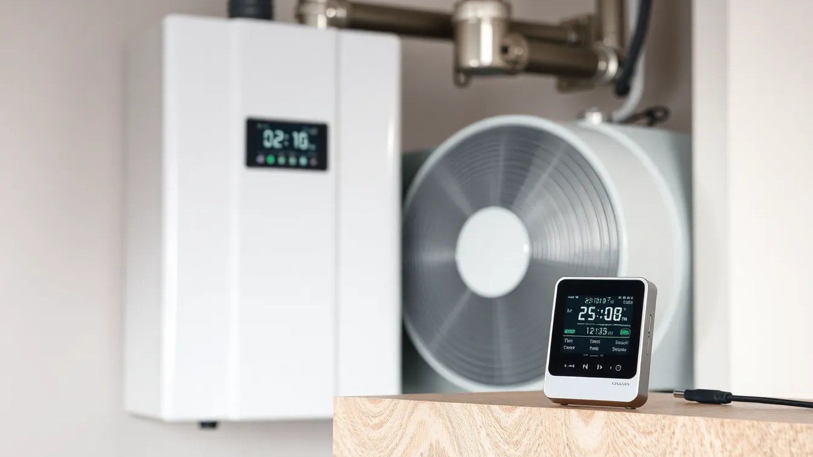 Sie sehen eine moderne Heizungspumpe mit einem digitalen Energiemessgerät, das den aktuellen Verbrauch anzeigt.