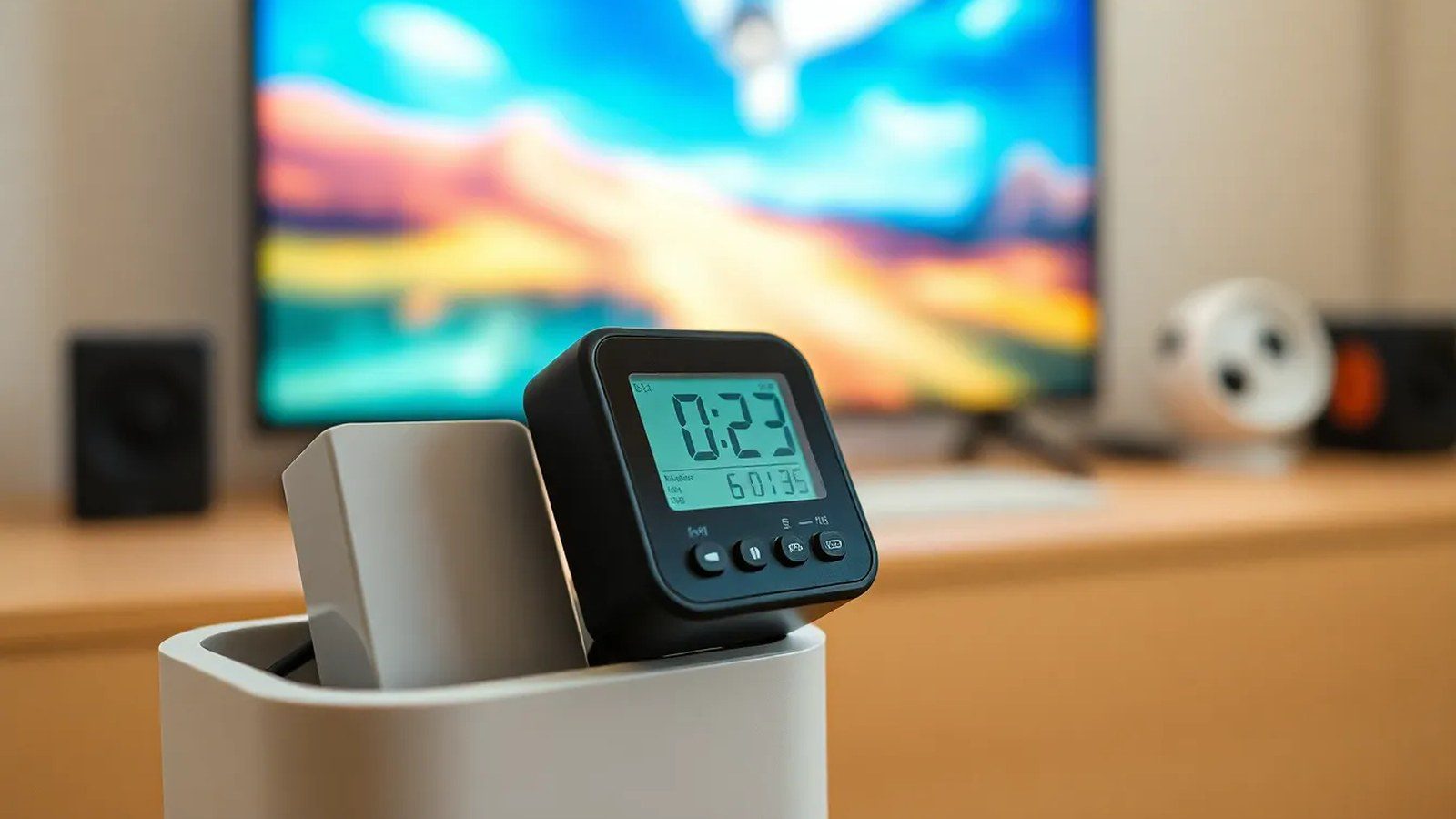 Nahaufnahme eines Strommessgeräts in einer Steckdose, im Hintergrund leuchtet ein Fernseher im Standby-Modus.