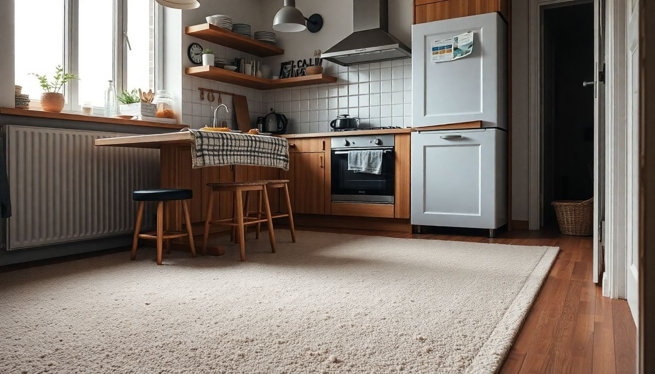 eingetrocknete Flecken auf Teppichboden in der Küche entfernen: Fotorealistisches Titelbild